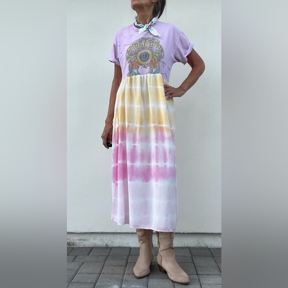 Colorful t shirt Tie-Dye Maxi Dress with off center split, festival dress sz L - Picture 4 of 10